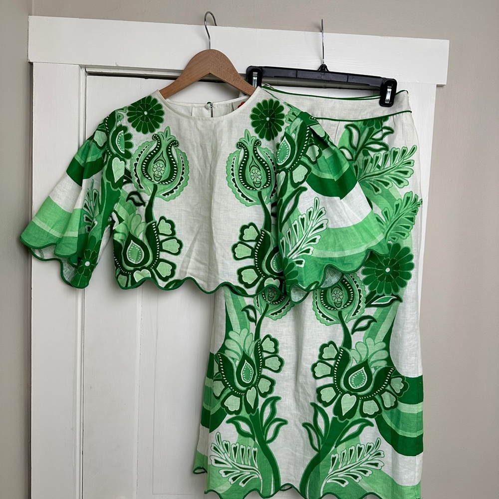 FARM Rio White and Green Floral Midi Skirt Set